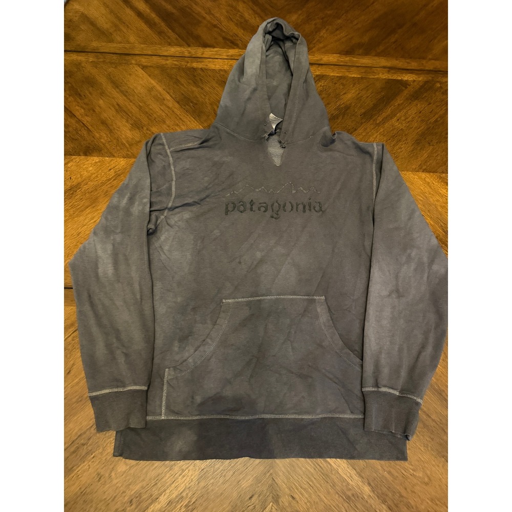 Patagonia Mens Large Grey Organic Cotton‎ Distressed Logo Hoodie Sweatshirt
